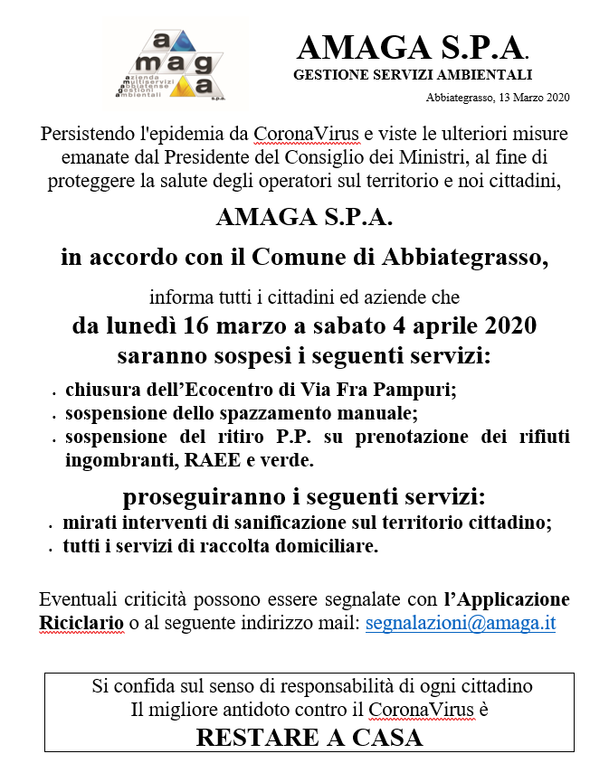 EMERGENZA CORONAVIRUS - AGGIORNAMENTI DEL 13 MARZO 2020
